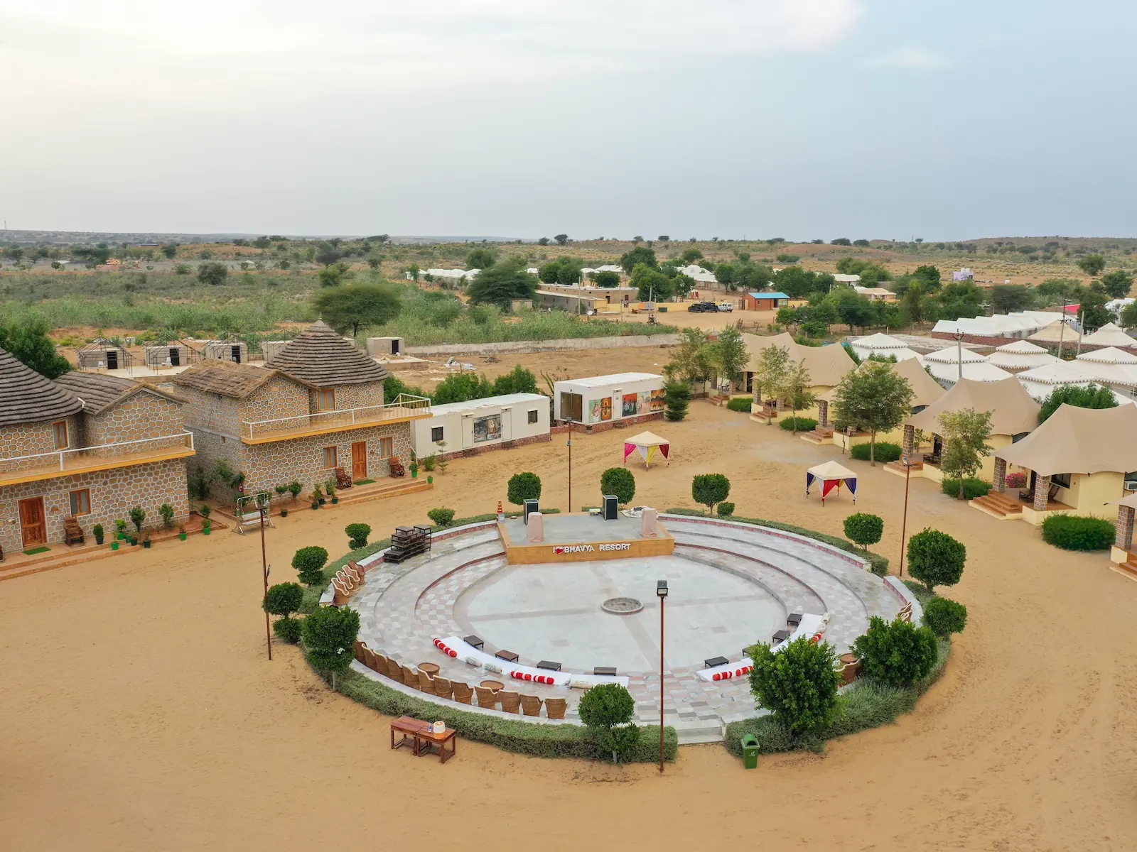 Aerial view across Bhavya Resort at Sam Sand Dunes, Jaisalmer